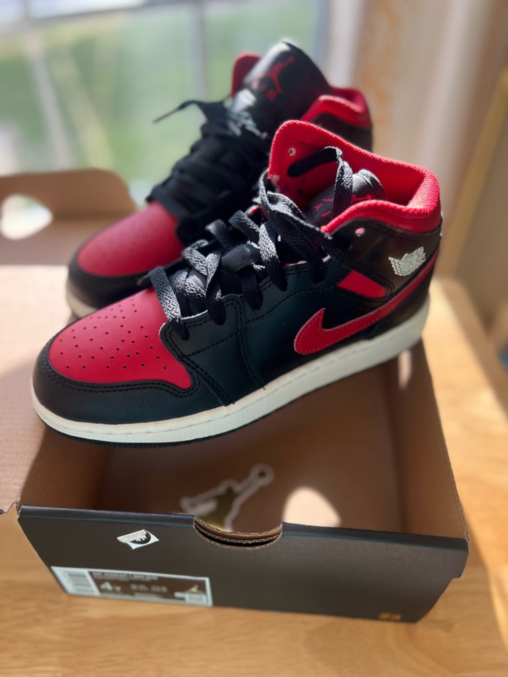 Rare Air Jordan 1 Mid (GS) "Bred" Low-Top Sneakers in Black & Red 2025 Size 4Y